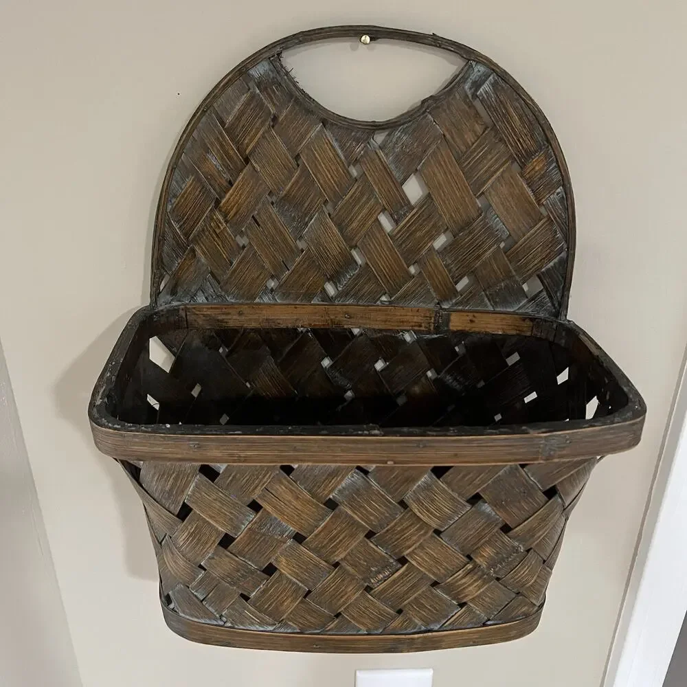 Vintage Handwoven Hanging Wall Basket Wood Splint Primitive Rustic Wall Pocket